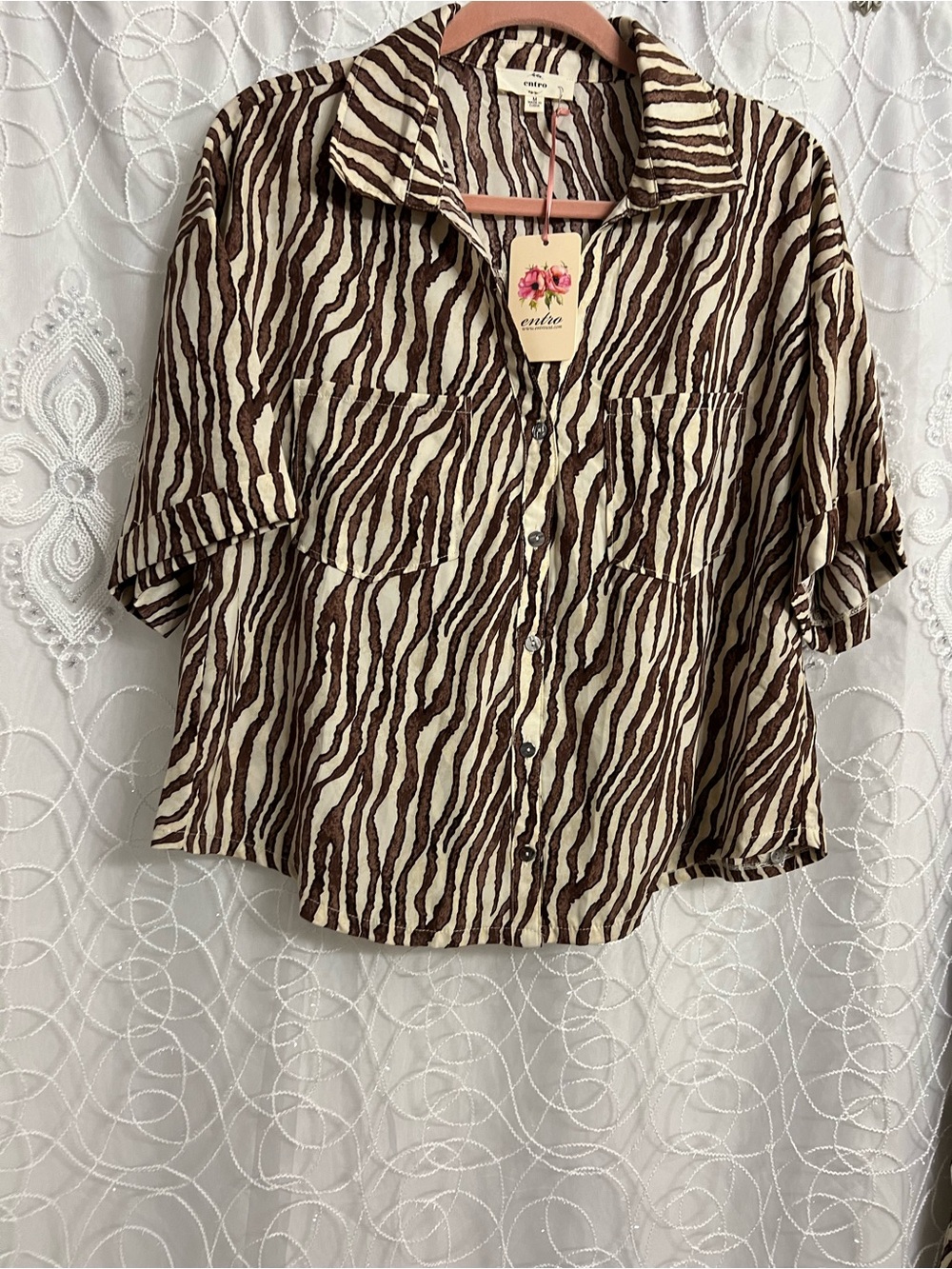 Brown Zebra-Print Button Front Women's Top with Matching Pants by Entro